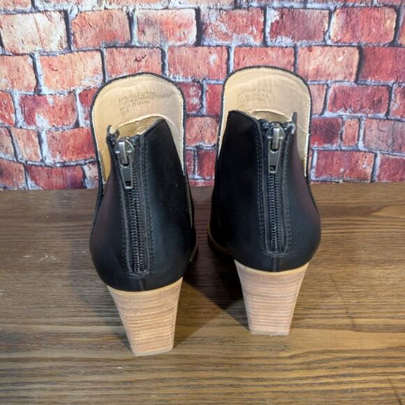 MI IM Pointed Toe Black Leather Cutout Ankle Stacked Block Heel Booties 9 - Picture 4 of 8